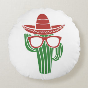 Cool cactus mascotte met sombrero pet en bril i rond kussen