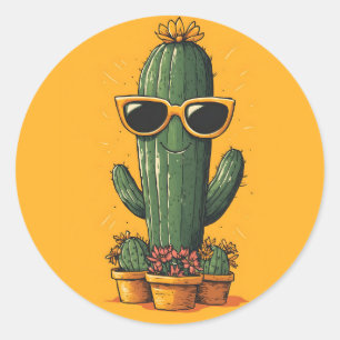 Cool Cactus met zonnebril en bloemen Ronde Sticker