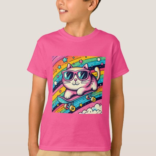 Cool Cartoon Cat Skating op Rollerboard | Leuke Ki T-shirt (Voorkant)