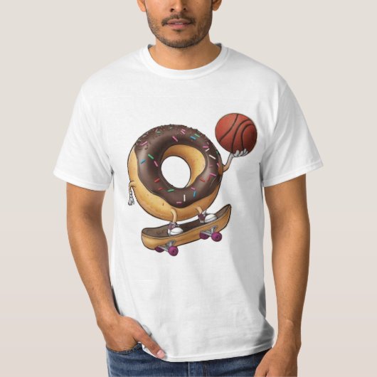 Cool Cartoon Donut Skateboarden met een Basketbal T-shirt (Voorkant)