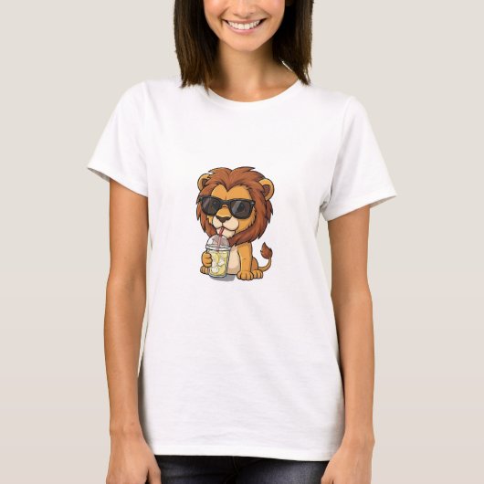 Cool Cartoon Lion Drinking Iced Lemonade T-shirt (Voorkant)