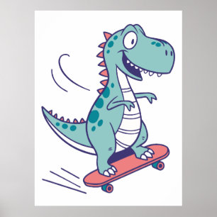 Cool Cartoon T-Rex op Skateboard Poster