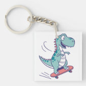 Cool Cartoon T-Rex op Skateboard Sleutelhanger (voorkant)