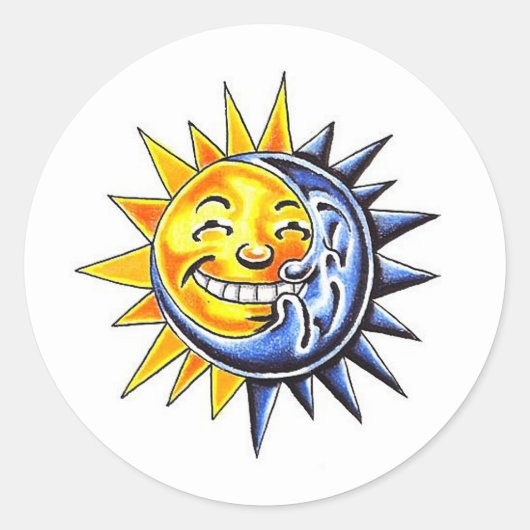 Cool cartoon tattoo symbool happy sun moon face ronde sticker (Voorkant)