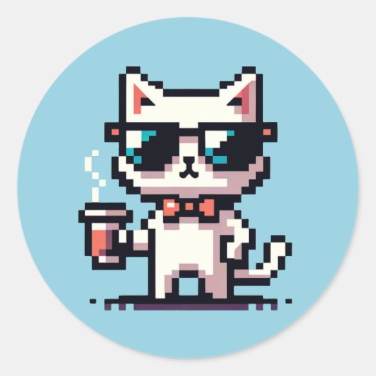 Cool Cat Coffee Break: 8-bit Pixel Art Ronde Sticker (Voorkant)