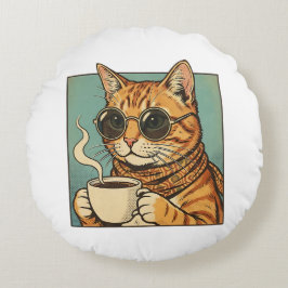 Cool Cat Coffee Retro Stijl Design voor Kattenlief Rond Kussen