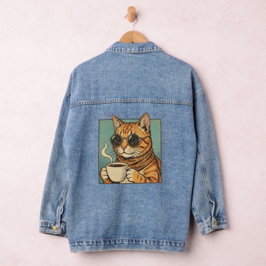 Cool Cat Coffee Retro Style Design for Cat Lovers Denim Jacket (Hangar)