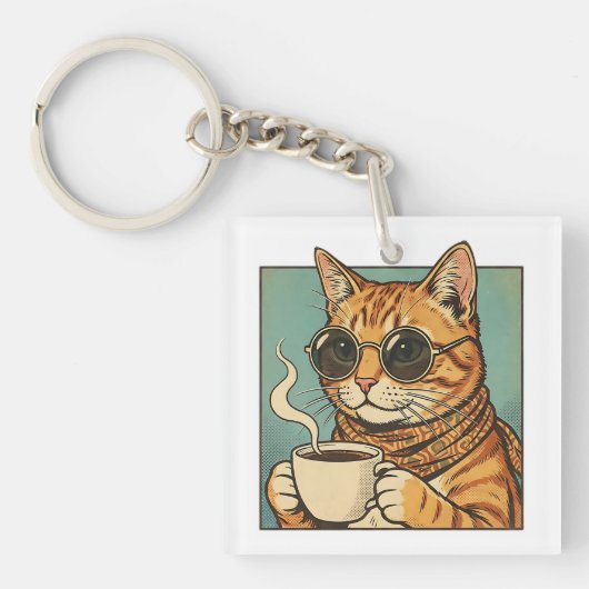 Cool Cat Coffee Retro Style Design for Cat Lovers Sleutelhanger (voorkant)