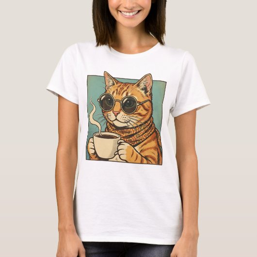 Cool Cat Coffee Retro Style Design for Cat Lovers T-shirt (Voorkant)