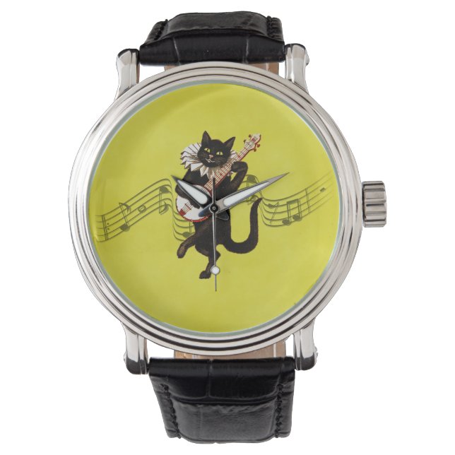Cool Cat die de Banjo op Geel speelt Horloge (Voorkant)