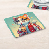 Cool Cat drink boba Kartonnen Onderzetters (Schuin)