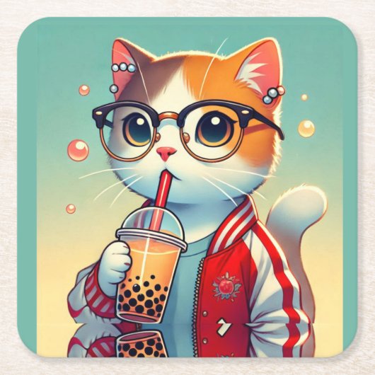 Cool Cat drink boba Kartonnen Onderzetters (Voorkant)