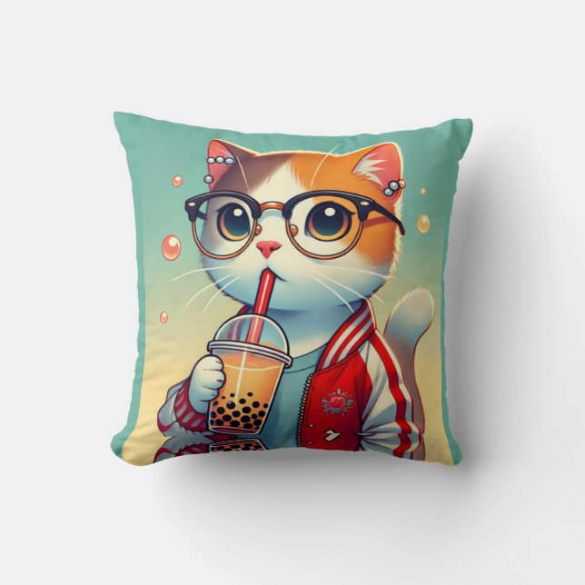 Cool Cat drink boba Kussen (Voorkant)