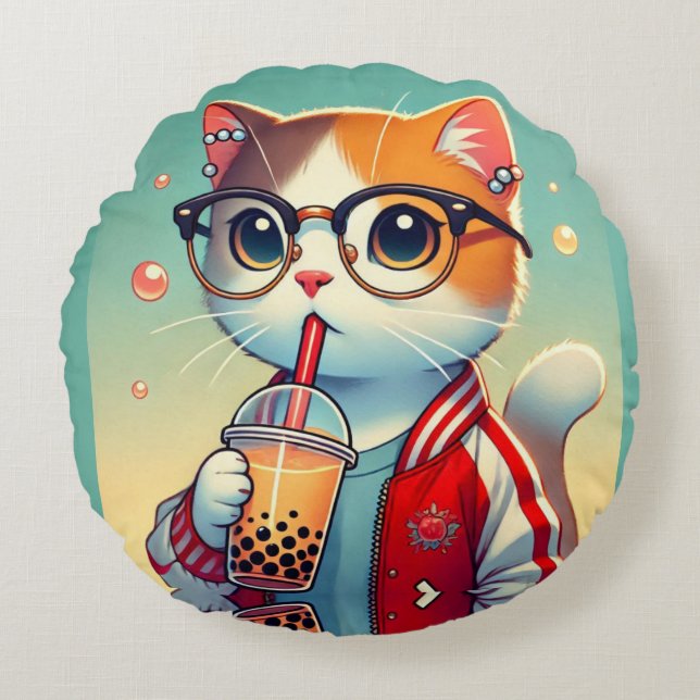 Cool Cat drink boba Rond Kussen (Voorkant)