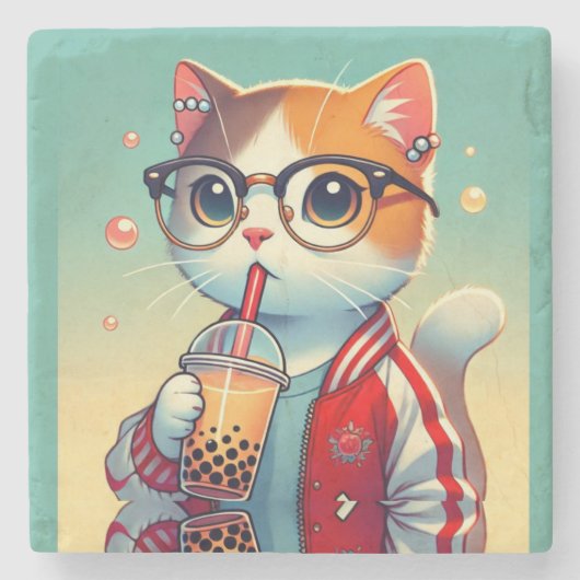 Cool Cat drink boba Stenen Onderzetter (Voorkant)