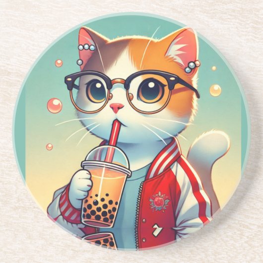 Cool Cat drink boba Zandsteen Onderzetter (Voorkant)