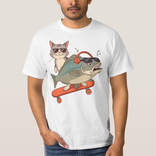 Cool Cat en Carp op Skateboard - Zonnebril en hoof T-shirt (Voorkant)