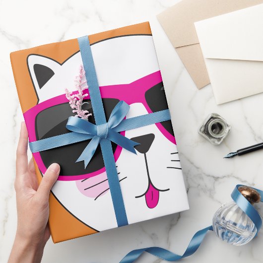 Cool Cat Face met Roze Zonnebril Schattige Kat Cadeaupapier