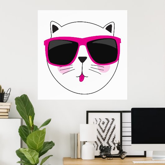Cool Cat Face met Roze Zonnebril Schattige Kat Poster (Thuiskantoor)
