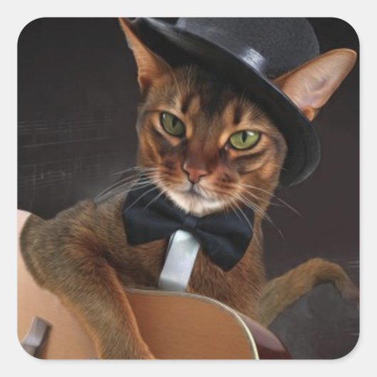 Cool Cat Guitarist – Minimal Elegant Design Vierkante Sticker (Voorkant)