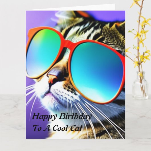 Cool Cat Happy Birthday Kaart (Gele Bloem)