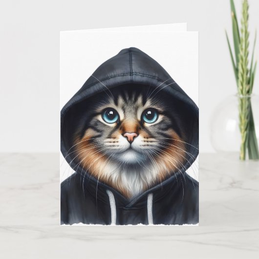 Cool Cat in Black Hoodie Blank Groet Kaart (Voorkant)