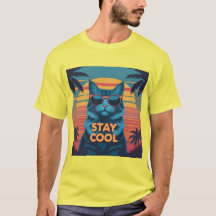 Cool Cat in Paradise T-shirt – Retro Neon Sunset