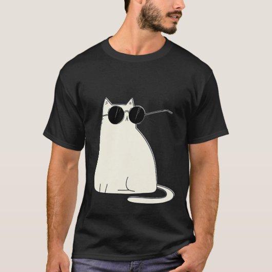 Cool Cat in Shades — Minimal White Kitty T-shirt (Voorkant)
