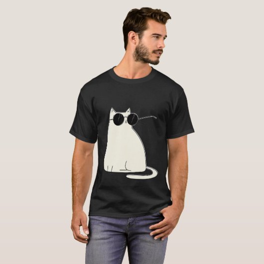 Cool Cat in Shades — Minimal White Kitty T-shirt (Voorkant volledig)
