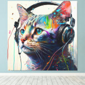 Cool Cat met hoofdtelefoon - Kunstdruk van muziekl Canvas Afdruk (Insitu (Houten vloer))
