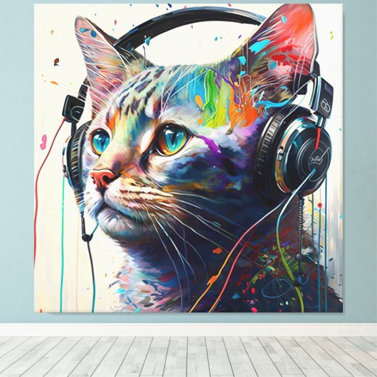 Cool Cat met hoofdtelefoon - Kunstdruk van muziekl Canvas Afdruk (Insitu (Houten vloer))