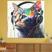 Cool Cat met hoofdtelefoon - Kunstdruk van muziekl Canvas Afdruk (Insitu (Woonkamer))