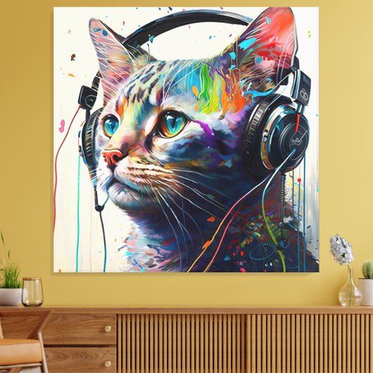 Cool Cat met hoofdtelefoon - Kunstdruk van muziekl Canvas Afdruk (Insitu (Woonkamer))