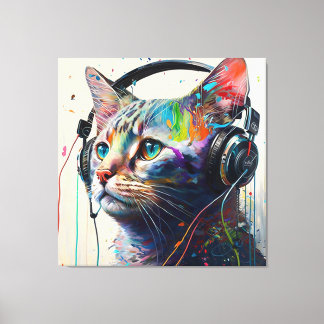 Cool Cat met hoofdtelefoon - Kunstdruk van muziekl Canvas Afdruk