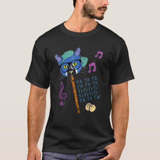 Cool Cat Playing Hot Cross Buns On Recorder Elem T-shirt (Voorkant)