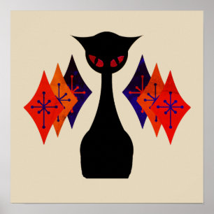 Cool Cat Red Eye Mid Century Retro Art Poster