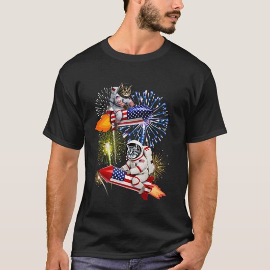 Cool Cat Riding Rocket USA Vuurwerk Amerikaanse as T-shirt (Voorkant)