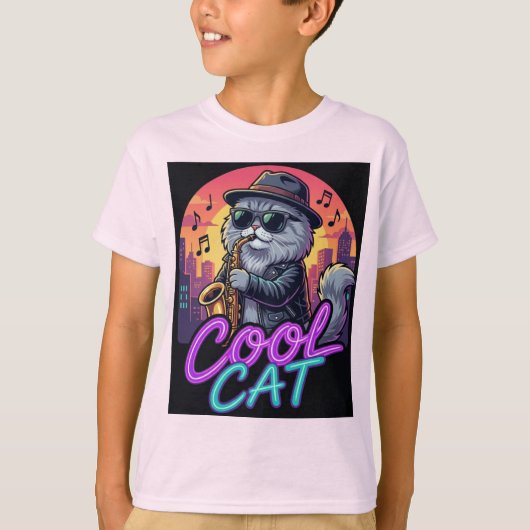 Cool Cat Saxophone – Retro Neon 90s Jazz Cat Desig T-shirt (Voorkant)