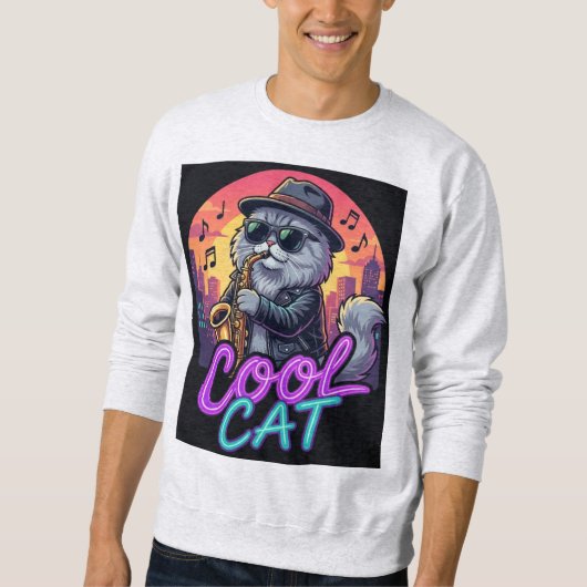 Cool Cat Saxophone – Retro Neon 90s Jazz Cat Desig Trui (Voorkant)