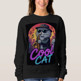 Cool Cat Saxophone – Retro Neon 90s Jazz Cat Desig Trui