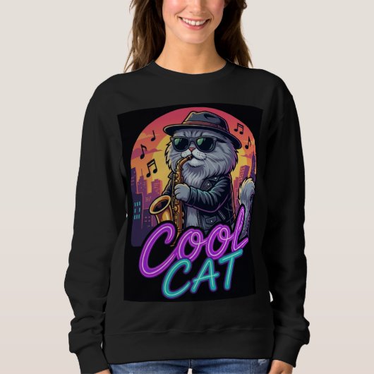 Cool Cat Saxophone – Retro Neon 90s Jazz Cat Desig Trui (Voorkant)