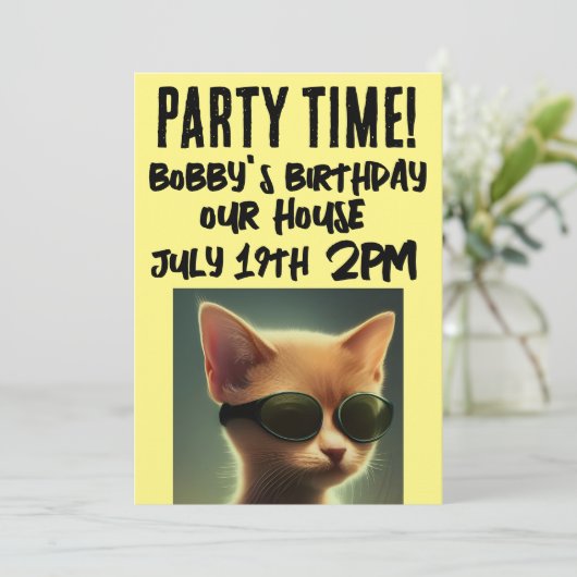 COOL CAT SCRIPT KINDEREN VERJAARDAG UITNODIGINGEN (Staand voorkant)