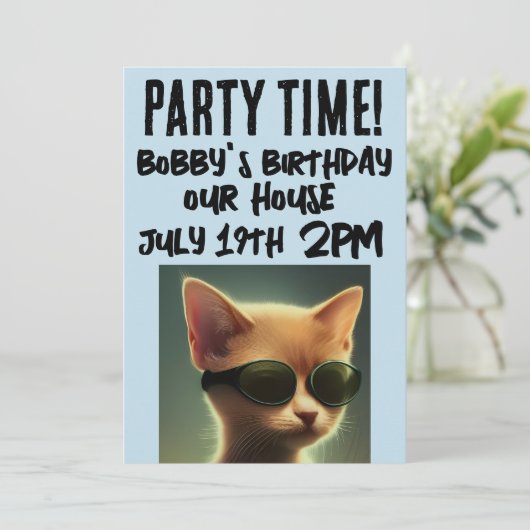 COOL CAT SCRIPT KINDEREN VERJAARDAG UITNODIGINGEN (Staand voorkant)