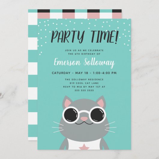 Cool Cat Turquoise Kinderen Birthday Party Kaart (Voorkant / Achterkant)