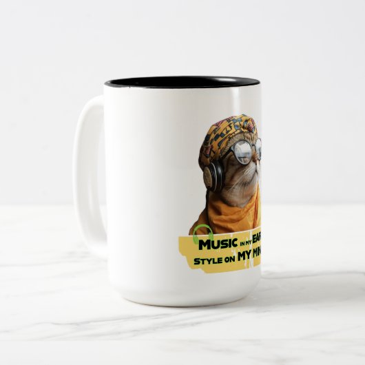 Cool Cat Vibes Tweekleurige Koffiemok (Voorkant links)