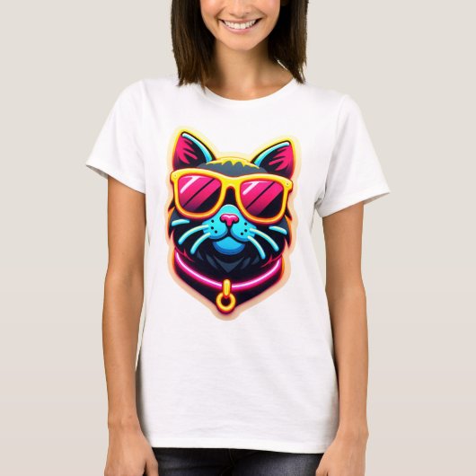 Cool Cat Wearing Sunglasses in Neon Pink and Yello T-shirt (Voorkant)