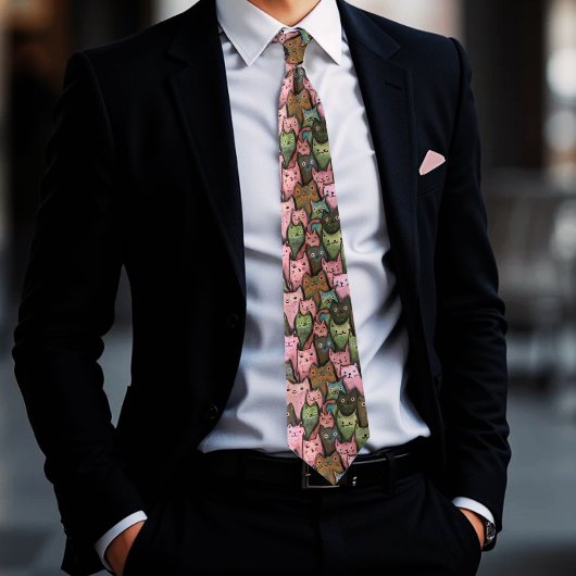 Cool Cats Seamless Pattern Stropdas - Roze & Groen