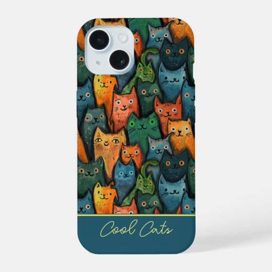 Cool Cats Waterverf Kleurrijk iPhone 15 Case (Achterkant)