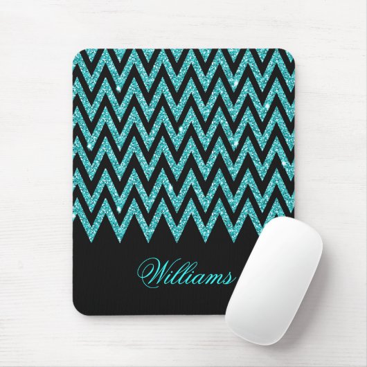Cool chevron zigzag pauock blue faux glitter muismat (Met muis)