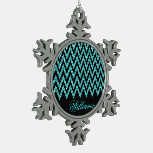 Cool chevron zigzag pauock blue faux glitter tin sneeuwvlok ornament (Links)